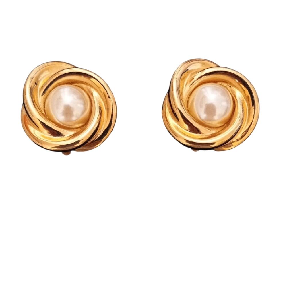 ST JOHN Vintage Gold-tone Knot Earrings with Faux Pearl Center